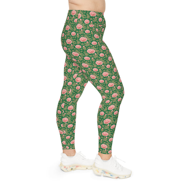 Vintage Peony Plus Size Leggings Green
