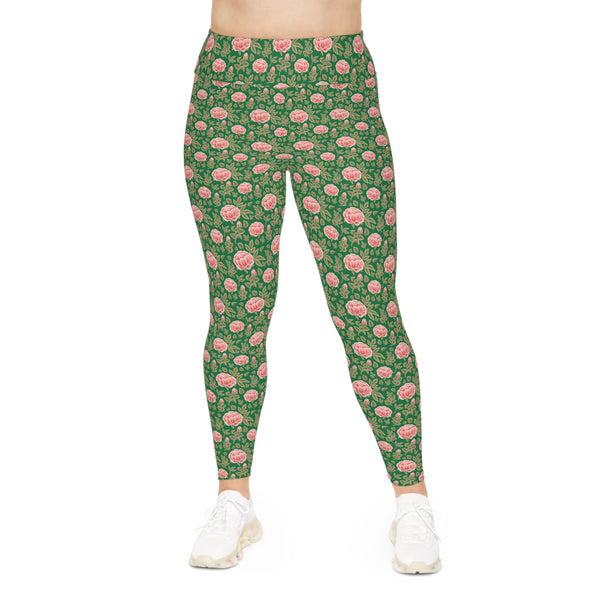 Vintage Peony Plus Size Leggings Green