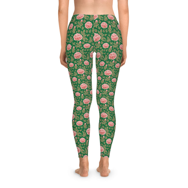 Vintage Peony Stretchy Leggings Green