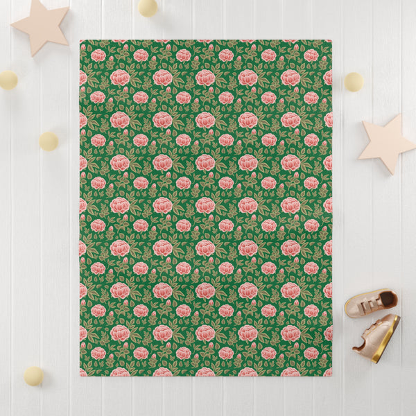 Vintage Peony Fleece Baby Blanket Green