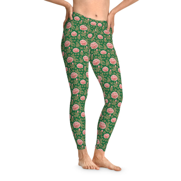 Vintage Peony Stretchy Leggings Green