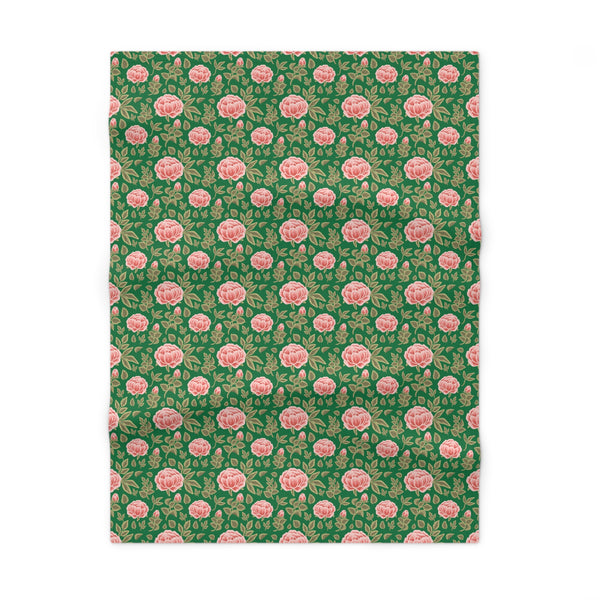 Vintage Peony Fleece Baby Blanket Green